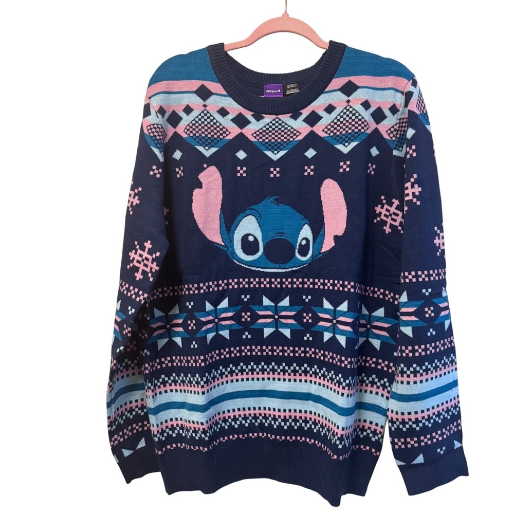 Disney‎ Stitch Fair Isle Christmas Sweater Blue Pink XL Kawaii Festive Graphic